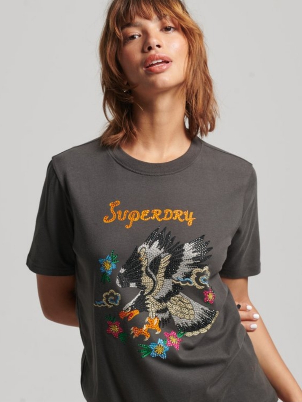 Superdry Black Rhinestone Japanese Graphic Tee Grunge Goth Y2K Streetwear Size 8